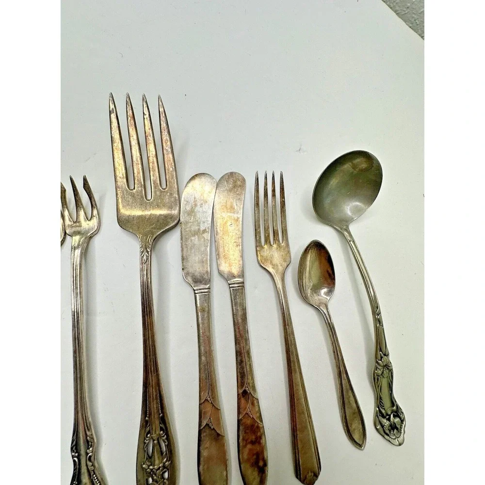 Silver Plated Flatware Lot Ladle Meat Fork Cocktail Butter Knife Spoon 11 pc VTG
